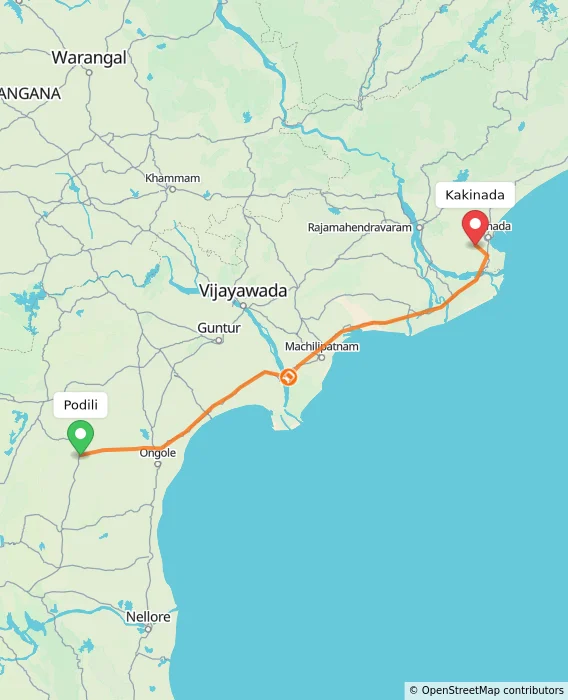 Route map showing distance and travel time from Podili, India to Kakinada, India