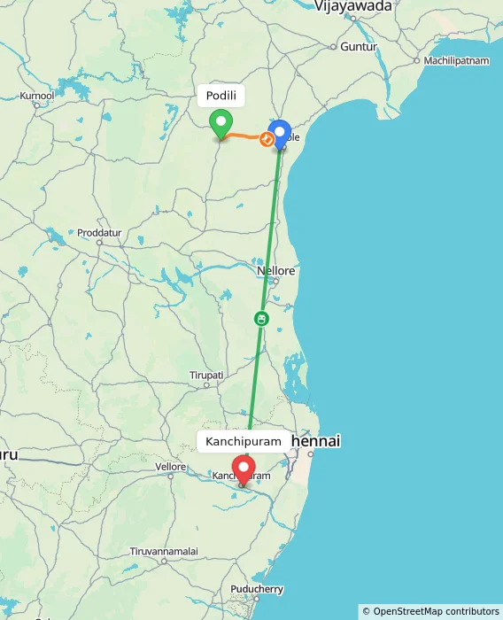 Route map showing distance and travel time from Podili, India to Kanchipuram, India