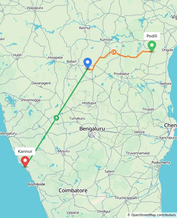 Route map showing distance and travel time from Podili, India to Kannur, India