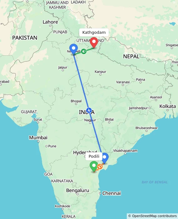 Route map showing distance and travel time from Podili, India to Kathgodam, India