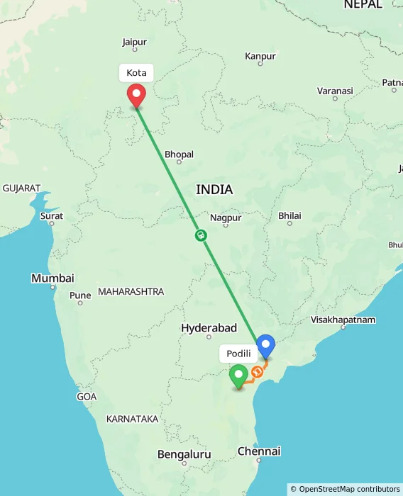 Route map showing distance and travel time from Podili, India to Kota, India