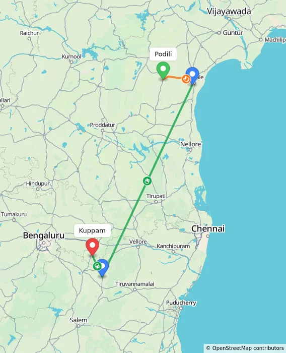 Route map showing distance and travel time from Podili, India to Kuppam, India
