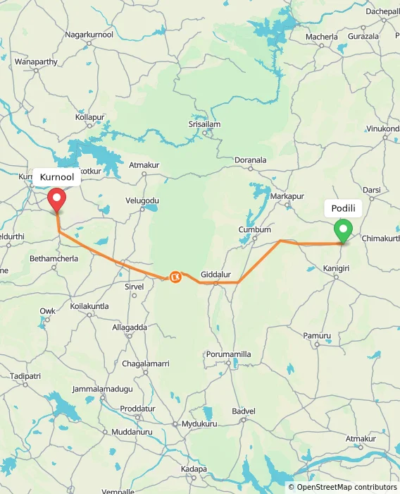 Route map showing distance and travel time from Podili, India to Kurnool, India