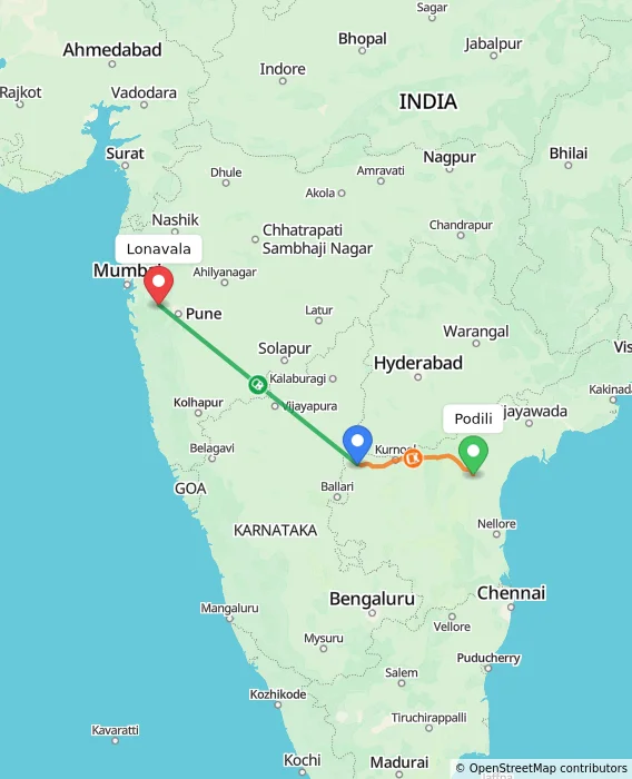 Route map showing distance and travel time from Podili, India to Lonavala, India