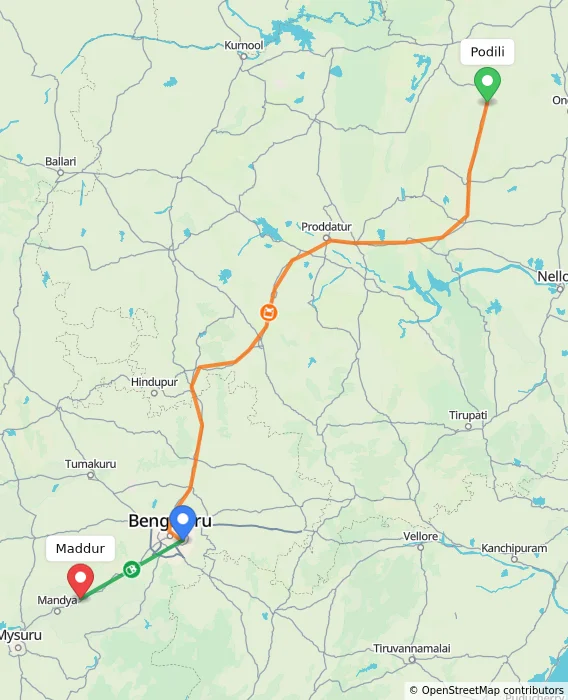 Route map showing distance and travel time from Podili, India to Maddur, India