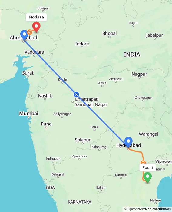 Route map showing distance and travel time from Podili, India to Modasa, India