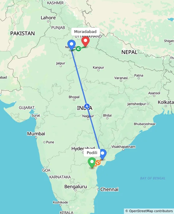 Route map showing distance and travel time from Podili, India to Moradabad, India