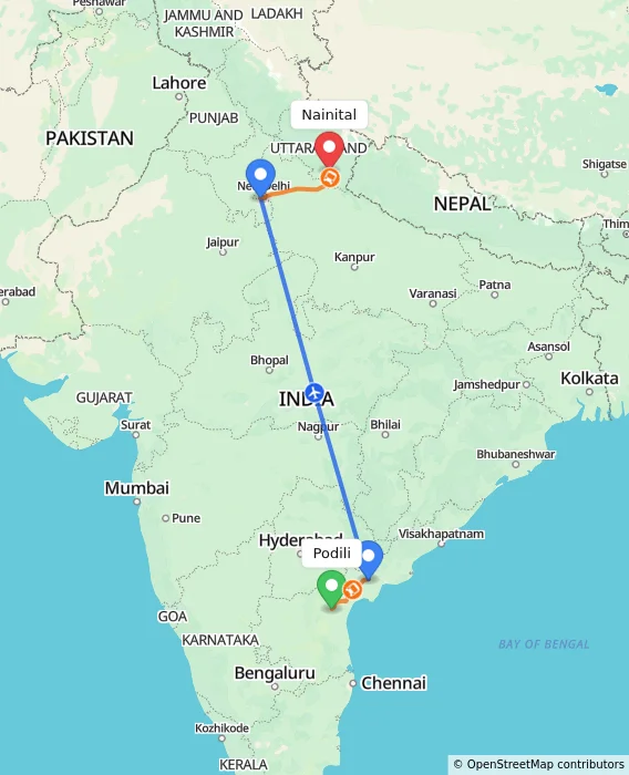 Route map showing distance and travel time from Podili, India to Nainital, India