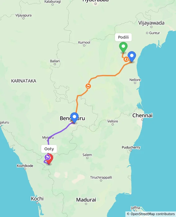 Route map showing distance and travel time from Podili, India to Ooty, India