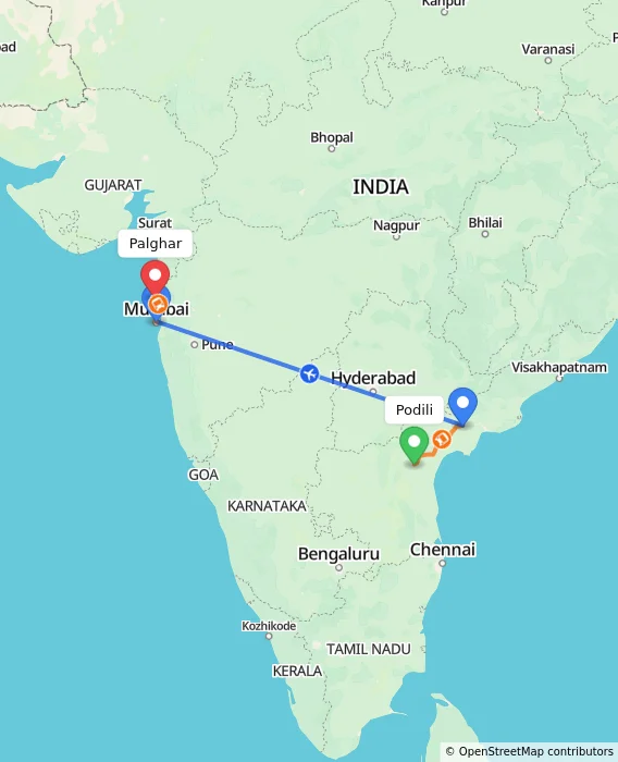 Route map showing distance and travel time from Podili, India to Palghar, India