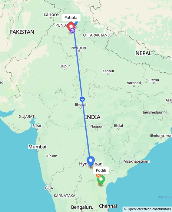 Route map showing distance and travel time from Podili, India to Patiala, India