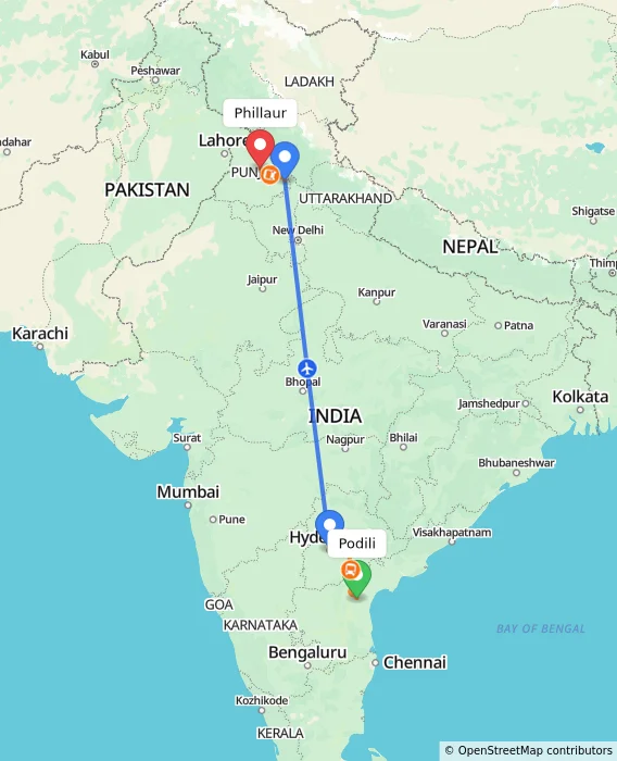 Route map showing distance and travel time from Podili, India to Phillaur, India