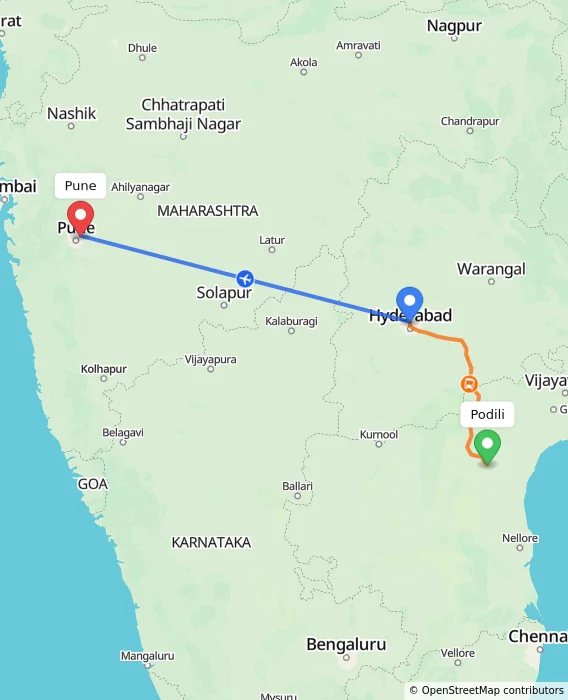 Route map showing distance and travel time from Podili, India to Pune, India