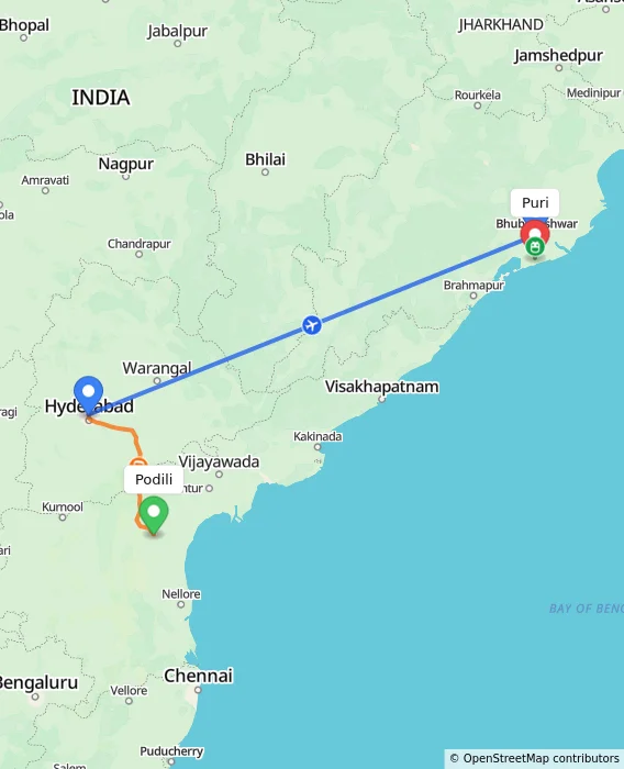 Route map showing distance and travel time from Podili, India to Puri, India