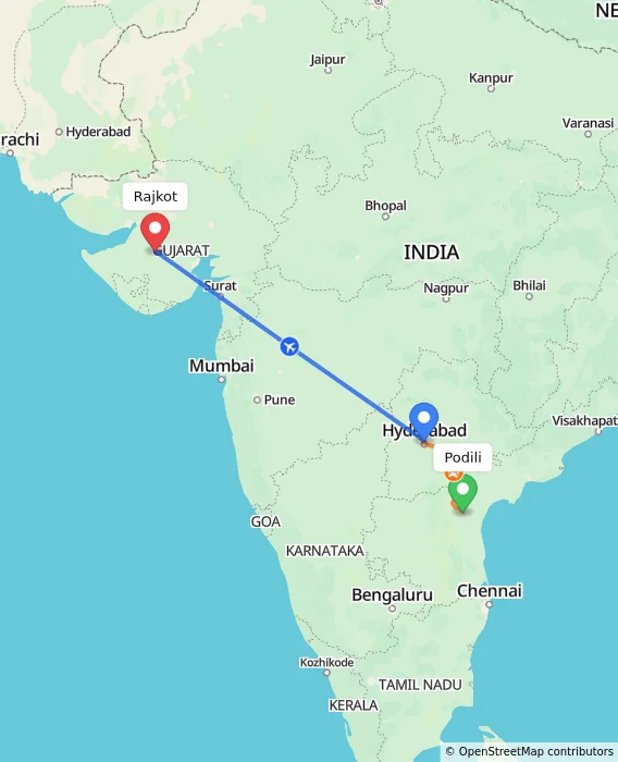 Route map showing distance and travel time from Podili, India to Rajkot, India