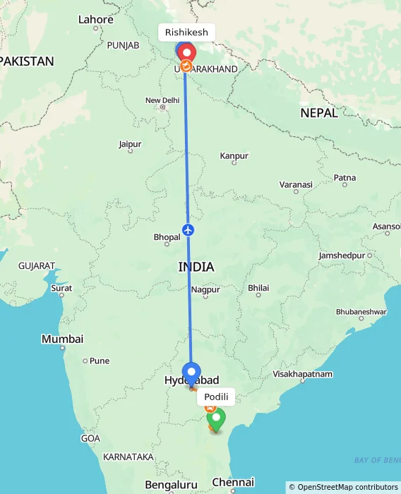 Route map showing distance and travel time from Podili, India to Rishikesh, India