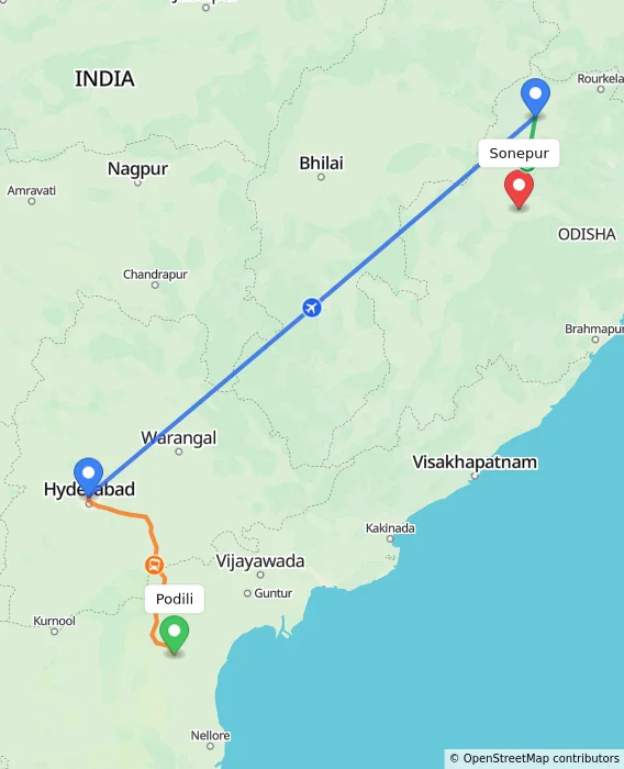 Route map showing distance and travel time from Podili, India to Sonepur, India