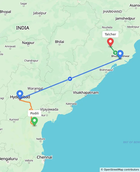 Route map showing distance and travel time from Podili, India to Talcher, India