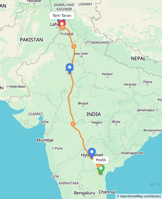 Route map showing distance and travel time from Podili, India to Tarn Taran, India