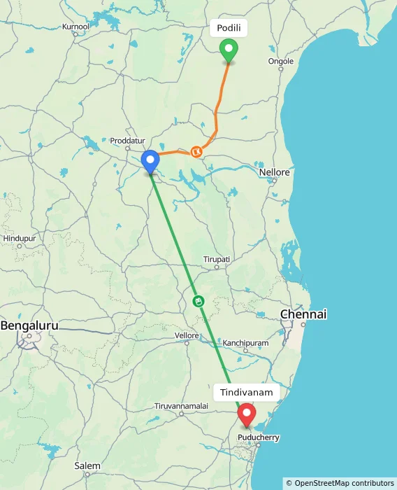 Route map showing distance and travel time from Podili, India to Tindivanam, India