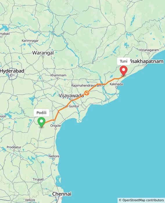 Route map showing distance and travel time from Podili, India to Tuni, India