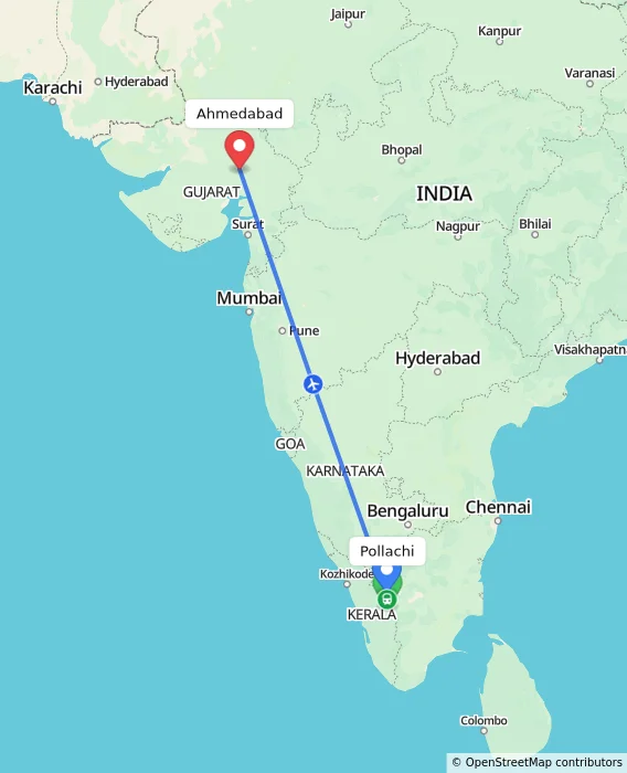 Route map showing distance and travel time from Pollachi, India to Ahmedabad, India