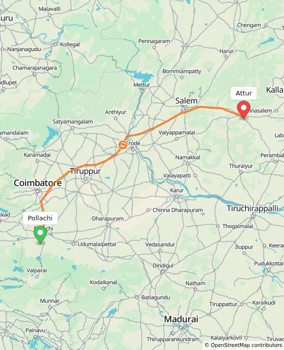 Route map showing distance and travel time from Pollachi, India to Attur, India