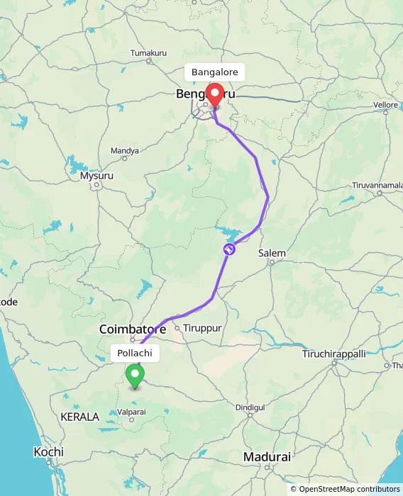 Route map showing distance and travel time from Pollachi, India to Bangalore, India