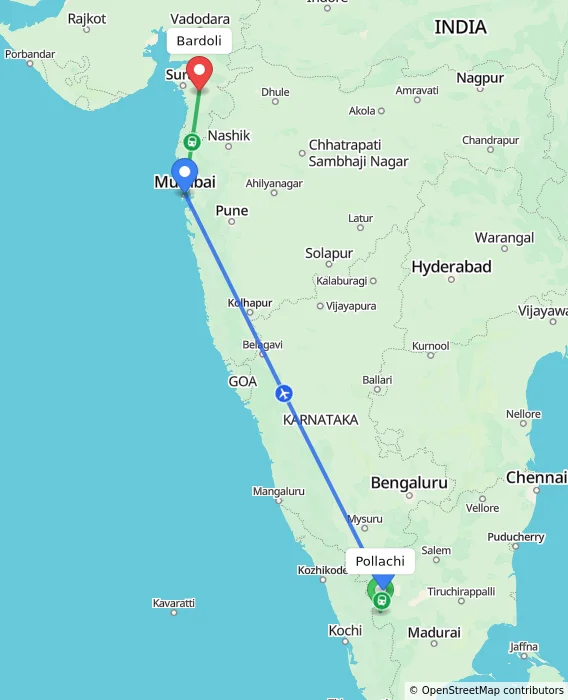 Route map showing distance and travel time from Pollachi, India to Bardoli, India