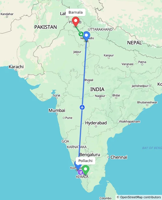 Route map showing distance and travel time from Pollachi, India to Barnala, India