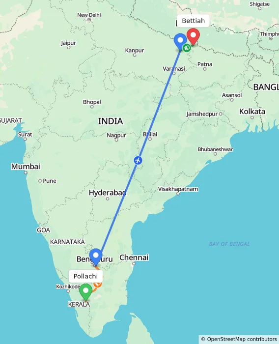 Route map showing distance and travel time from Pollachi, India to Bettiah, India