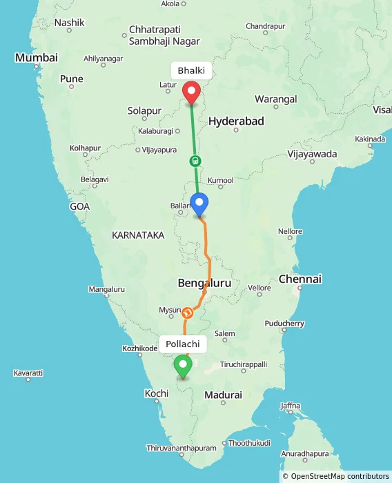 Route map showing distance and travel time from Pollachi, India to Bhalki, India
