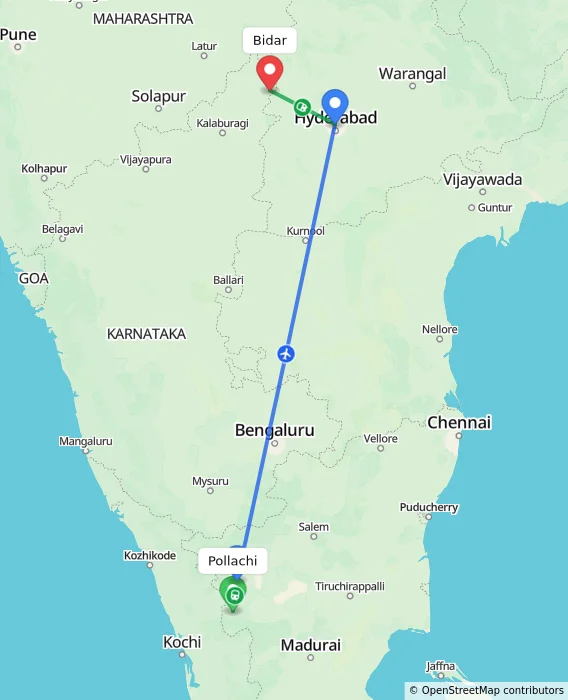 Route map showing distance and travel time from Pollachi, India to Bidar, India