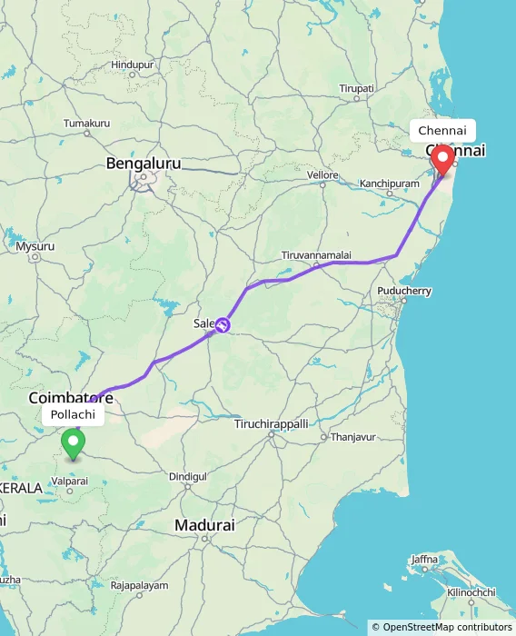 Route map showing distance and travel time from Pollachi, India to Chennai, India