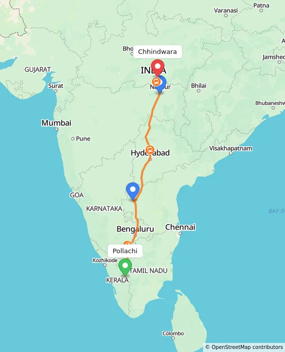 Route map showing distance and travel time from Pollachi, India to Chhindwara, India