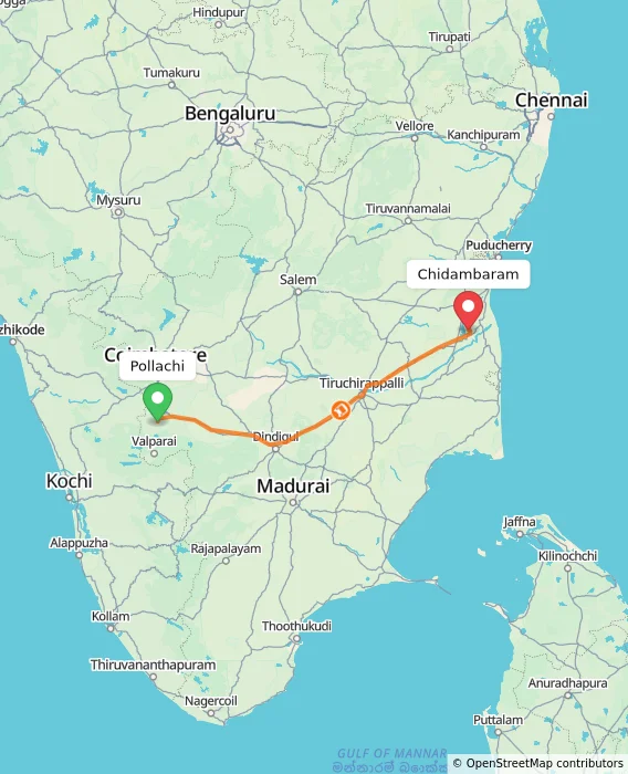 Route map showing distance and travel time from Pollachi, India to Chidambaram, India
