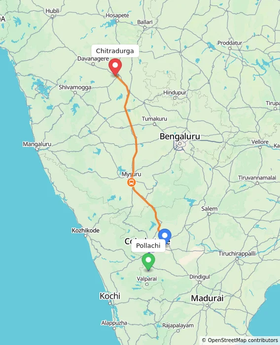 Route map showing distance and travel time from Pollachi, India to Chitradurga, India