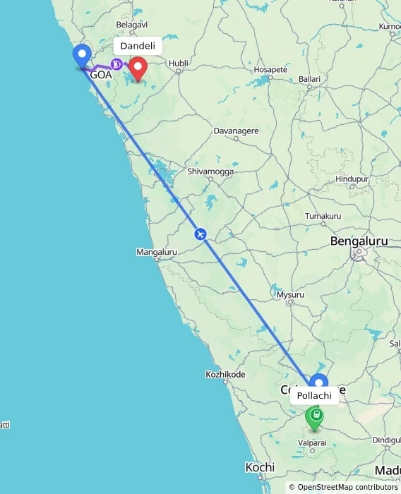 Route map showing distance and travel time from Pollachi, India to Dandeli, India