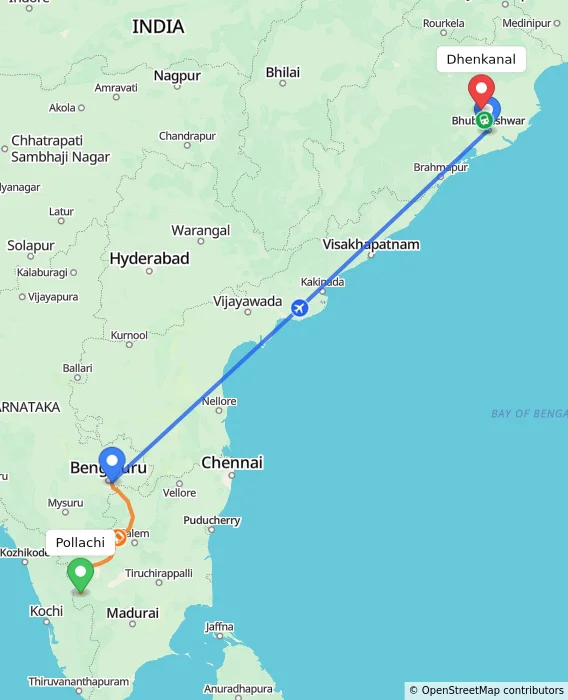 Route map showing distance and travel time from Pollachi, India to Dhenkanal, India