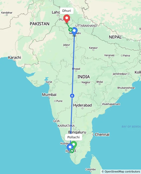 Route map showing distance and travel time from Pollachi, India to Dhuri, India
