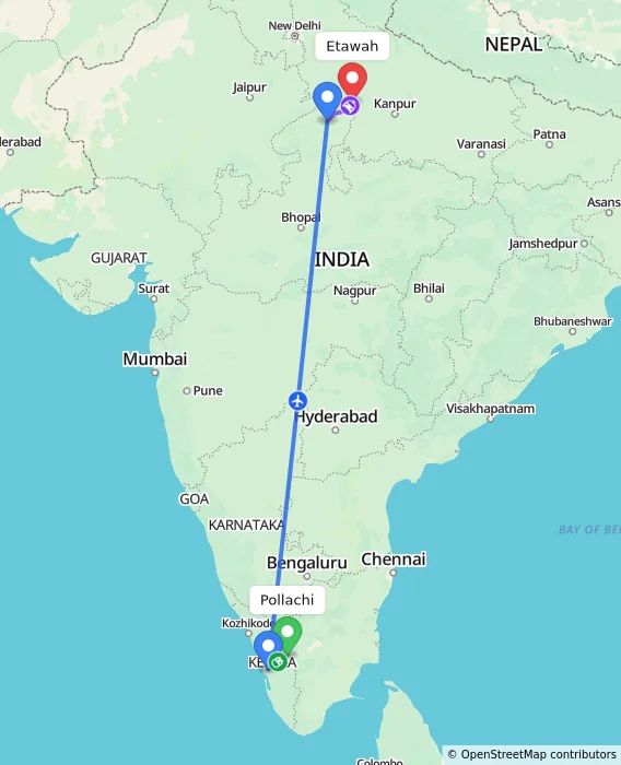 Route map showing distance and travel time from Pollachi, India to Etawah, India