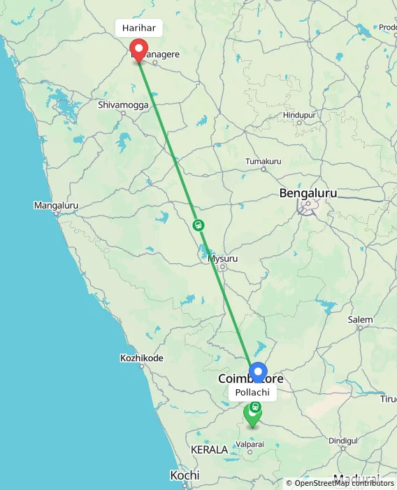 Route map showing distance and travel time from Pollachi, India to Harihar, India