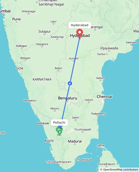 Route map showing distance and travel time from Pollachi, India to Hyderabad, India