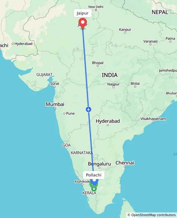 Route map showing distance and travel time from Pollachi, India to Jaipur, India