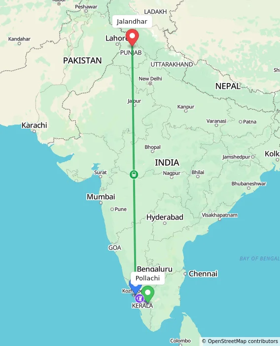 Route map showing distance and travel time from Pollachi, India to Jalandhar, India