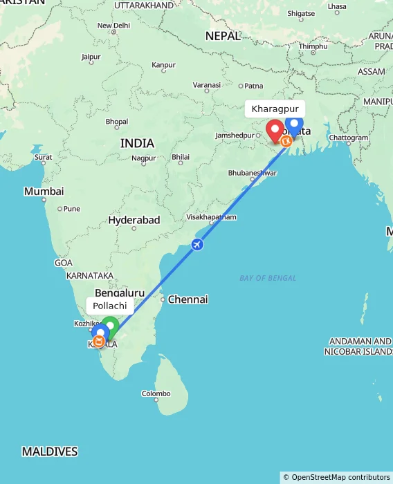 Route map showing distance and travel time from Pollachi, India to Kharagpur, India