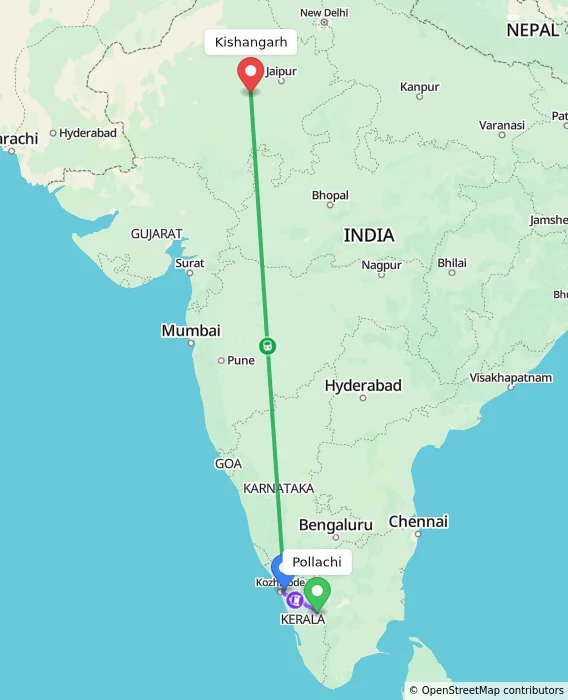 Route map showing distance and travel time from Pollachi, India to Kishangarh, India