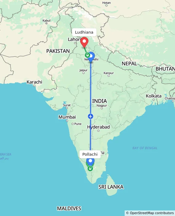 Route map showing distance and travel time from Pollachi, India to Ludhiana, India