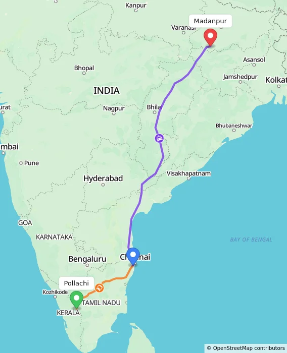 Route map showing distance and travel time from Pollachi, India to Madanpur, India