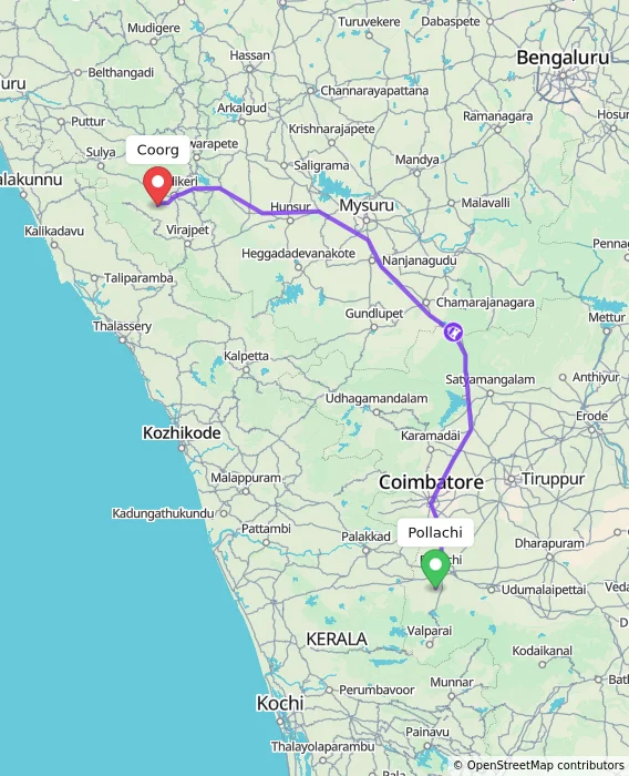 Route map showing distance and travel time from Pollachi, India to Madikeri, India